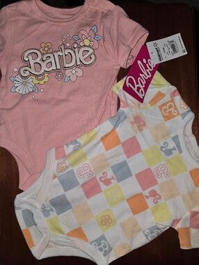 Barbie Pink Logo Floral Bodysuit & Pastel Check Bodysuit Set 6-9M